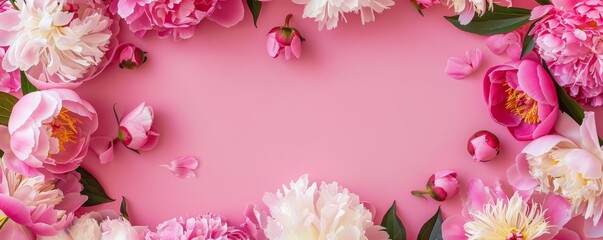 Wall Mural - frame made of beautiful peony flowers on a pink background. flat lay, copy space, summer flowers, sp