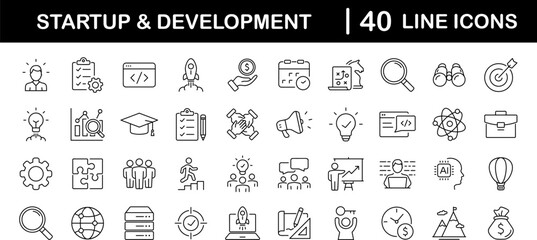 Poster - Startup and development set of web icons in line style. Development icons for web and mobile app. Containing Business, concept, idea, strategy, innovation, vision, marketing, startup and more