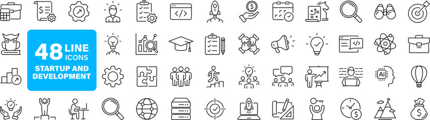 Poster - Startup and development set of web icons in line style. Development icons for web and mobile app. Containing Business, concept, idea, strategy, innovation, vision, marketing, startup and more