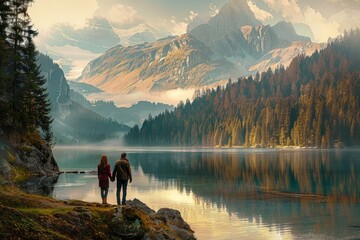 Poster - Couple stands by a tranquil lake, surrounded by majestic mountains at sunset