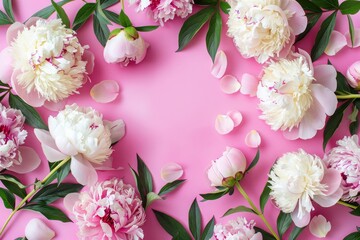 Wall Mural - frame made of beautiful peony flowers on a pink background. flat lay, copy space, summer flowers, sp