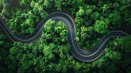 Winding asphalt road in green forest