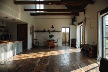 Canvas Print - Warm sunlight fills a spacious rustic kitchen and living area with a modern touch