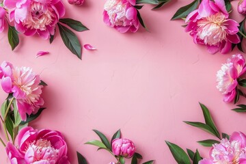 Wall Mural - frame made of beautiful peony flowers on a pink background. flat lay, copy space, summer flowers, sp