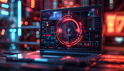 Laptop with red glowing screen and futuristic interface.