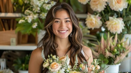 a smiling woman with long wavy hair and olive skin, holding a bouquet of flowers, wearing a white apron, The flower shop has a chic, upscale look with elegantly arranged flowers