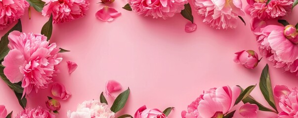 Wall Mural - frame made of beautiful peony flowers on a pink background. flat lay, copy space, summer flowers, sp
