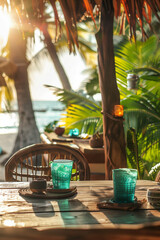 Wall Mural - Cozy details of exotic beach bar framed by palm leaves. Spending holidays in tropical destinations.