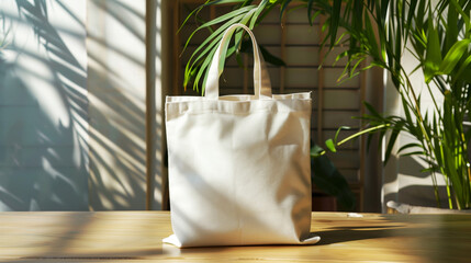 A plain white canvas tote bag is elegantly showcased on a wooden surface with natural light and greenery in the background, perfect for eco-friendly and branding concepts.