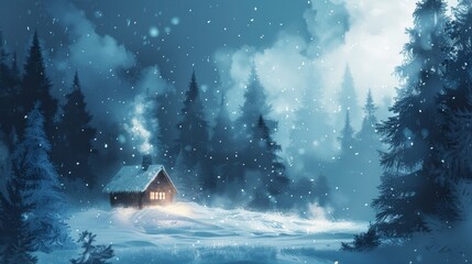 Wall Mural - A cabin in the woods with snow on the ground and trees