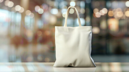 A blank white canvas tote bag mockup placed on a reflective surface with a blurred bokeh background, ideal for showcasing custom designs or branding purposes.