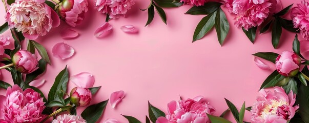 Wall Mural - frame made of beautiful peony flowers on a pink background. flat lay, copy space, summer flowers, sp