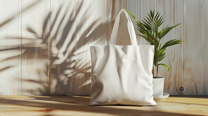 Sticker - A mockup image featuring a white tote bag on a wooden surface with a potted plant in the background. The setting reflects natural light and shadows, creating a serene atmosphere.