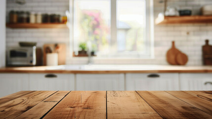 Poster - Mockup showcasing a rustic wooden table in the foreground with a blurred modern kitchen background, featuring wooden shelves, jars, and kitchen utensils.