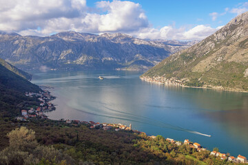 Wall Mural - Beautiful autumn Mediterranean landscape. Montenegro, Adriatic Sea, view of coast of Kotor Bay, Stoliv town and Perast town from Gornji Stoliv