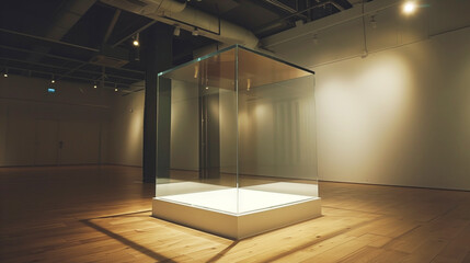 Poster - Modern gallery interior with an empty glass display case on a wooden floor, highlighted by soft lighting. The space is minimalist, creating an elegant and spacious ambiance.