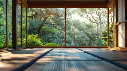 Wall Mural - A serene interior space with large windows offering a panoramic view of a lush, sunlit forest. The room features traditional wooden and shoji screen elements, creating a calming atmosphere.