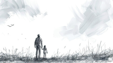 Wall Mural - black and white rear view sketch of super dad or father and child, fathers day special	