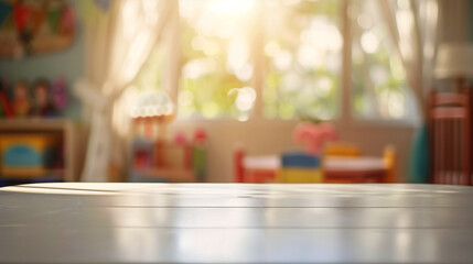 Wall Mural - Wooden table surface in focus with a blurred background of a cozy, sunlit children's playroom featuring colorful toys and decorations.