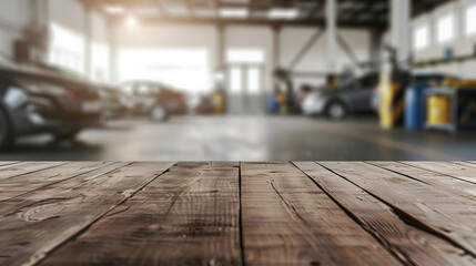 Wooden table surface with a blurred background of a garage or auto repair shop filled with cars and maintenance equipment.