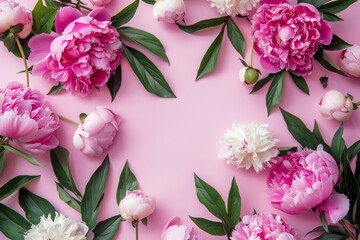 Wall Mural - frame made of beautiful peony flowers on a pink background. flat lay, copy space, summer flowers, sp
