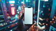 © OMD - A person is holding a smartphone with a blank screen above a brightly lit, blurry cityscape at night. The glowing city lights provide a colorful and dynamic backdrop.