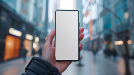 Poster - A close-up of a hand holding a smartphone with a blank screen in an outdoor urban environment, perfect for showcasing mobile app designs or advertisements.