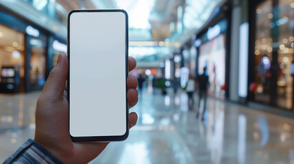 Wall Mural - Hand holding a smartphone with a blank screen in a shopping mall setting, perfect for showcasing mobile apps or digital content in a retail environment.