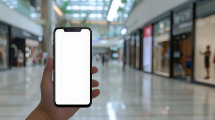 Wall Mural - Hand holding a smartphone with a blank white screen in the foreground, while the background features a modern shopping mall with various stores. Perfect for showcasing app designs or digital content.