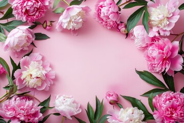 Wall Mural - frame made of beautiful peony flowers on a pink background. flat lay, copy space, summer flowers, sp