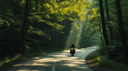 Man riding a motorcycle along a winding forest road