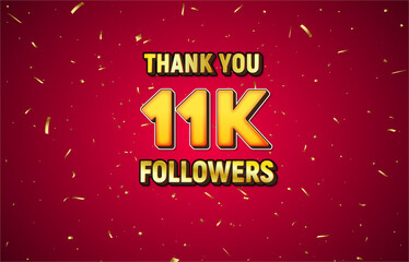 Wall Mural - Golden 11K isolated on red background with golden confetti, Thank you followers peoples, 11K online social group,12K
