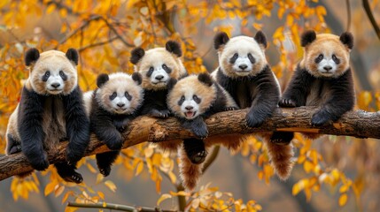 Wall Mural - Charming baby pandas smiling on branch, cute group hangout   adorable wildlife moment