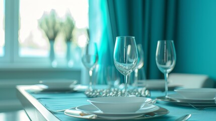 Charming dining table with teal tableware, glassware, and cozy decor in a bright, inviting space. Perfect for casual dining and family gatherings.