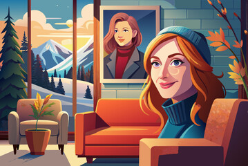 Wall Mural - Portrait of a comfortable woman in winter clothes resting on an armchair.