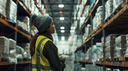 Sticker - A warehouse worker wearing a yellow safety vest and beanie inspects the shelves filled with boxes and products, highlighting logistics and inventory management.