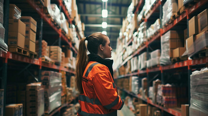 Canvas Print - A worker in a high-visibility jacket stands in a warehouse aisle, surrounded by shelves stacked with various boxes and packages, observing the inventory.