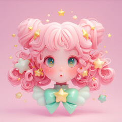 Poster - zodiac sign Virgo 3D cartoon girl with pink hair and green bow. She has a star on her head and a stars on her dress