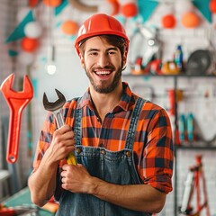 Fototapete - A cheerful worker wearing a hard hat and holding a wrench, surrounded by Labor Day-themed decorations. 