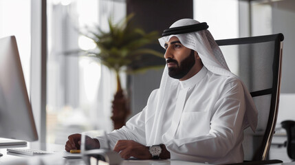 Wall Mural - A man dressed in traditional Middle Eastern attire works on a computer in a modern office setting. He appears focused and engaged with his work, seated at a desk with a large computer monitor.