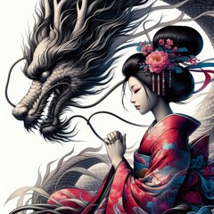 Wall Mural - chinese dragon  and geisha