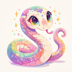 Poster - 2025 colorful snake with a pink tongue and rainbow scales. The snake has a happy expression and is surrounded by stars