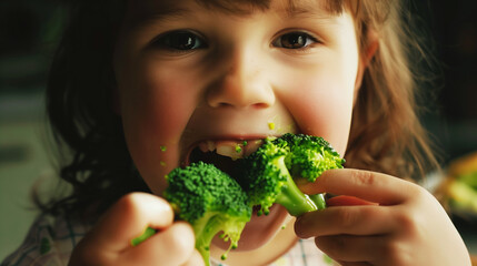 Close-up of a child happily eating fresh green broccoli, showcasing healthy eating habits and enjoyment of nutritious food.