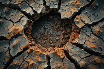 Sticker - Closeup of parched ground forming a pattern of deep cracks and fissures, symbolizing drought