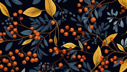 Sticker - A lively painting portraying leaves and berries against a vibrant blue background, radiating warmth and joy through its vivid colors