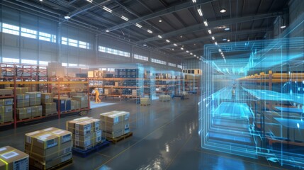 Illustrate a digital twin of a warehouse, with sensors and IoT devices collecting data on environmental conditions and asset utilization, allowing for predictive maintenance and operational 