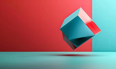 3D abstract geometric shapes floating in the solid red blue color background.