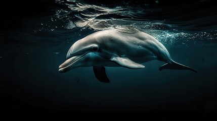 Wall Mural - dolphin underwater on blue ocean background looking at you