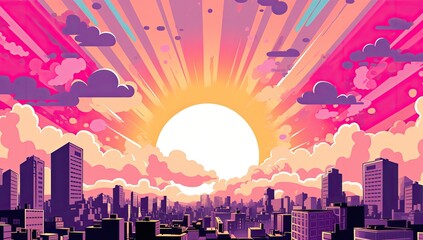 Wall Mural - A city skyline with a bright sun in the sky. The sun is shining on the buildings and the sky is filled with clouds