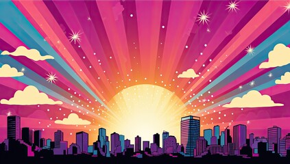 Wall Mural - A city skyline with a bright sun in the sky. The sun is shining on the buildings and the sky is filled with clouds